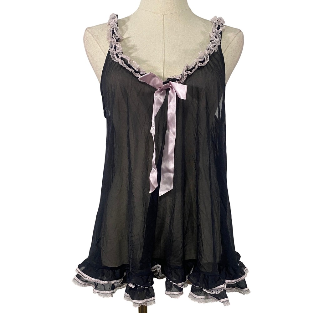 Victoria's Secret Medium Black Light Pink Lace Trim Bow Sheer Tank Slip Lingerie